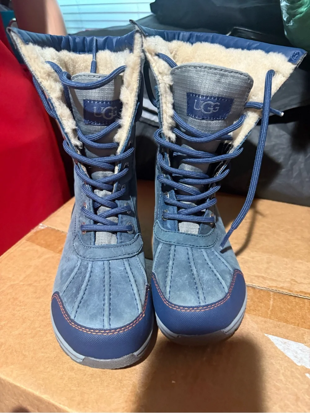UGG Kids Navy Blue and Gray Snow Boots with Orange Loop waterproof